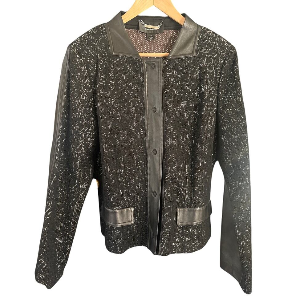 St John Couture Tweed wool Blazer Jacket Size 12 Black Leather Trim  button Knit